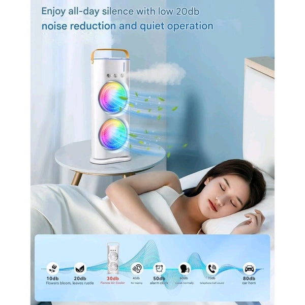 Cold Air Fan, 2025 New 3 Gears USB Rechargeable Oscillating Fan With LED Light Cooler Fan, Touch & Remote Control, 280ml Water Tank, Ice Filling Fan (White)