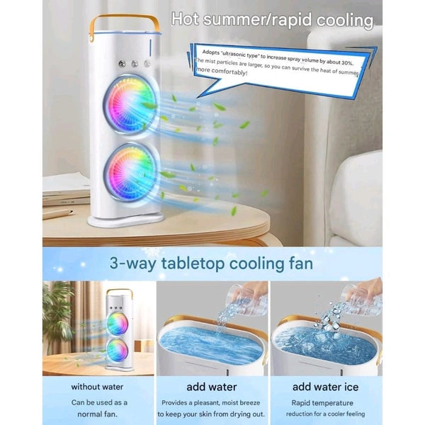 Cold Air Fan, 2025 New 3 Gears USB Rechargeable Oscillating Fan With LED Light Cooler Fan, Touch & Remote Control, 280ml Water Tank, Ice Filling Fan (White)